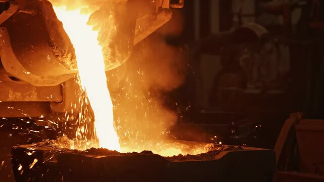 Molten metal being poured into a mold, glowing orange liquid with sparks flying, industrial foundry process, heavy manufacturing and material production