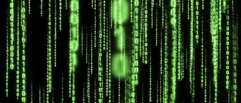 Digital Rain Falling Green Binary Code Matrix on Black Background