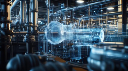Fototapeta premium Digital twin technology visualizing a transparent holographic projection of machinery, integrating virtual data with physical industrial infrastructure and smart factory automation