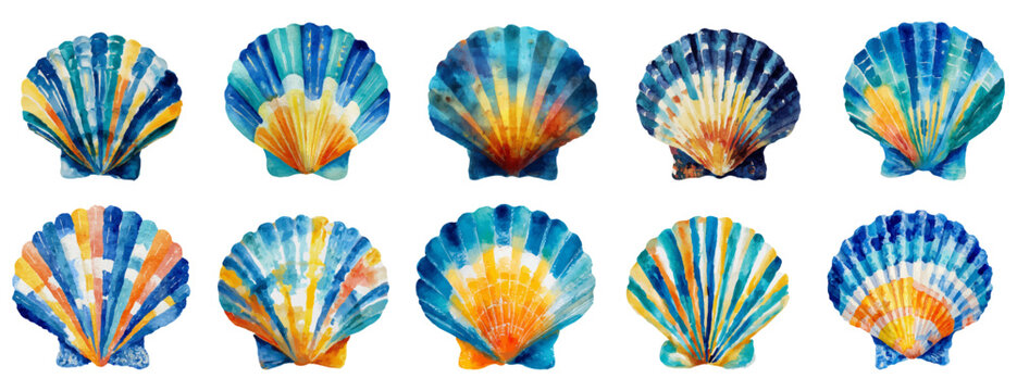 Watercolor scallops and seashells in vibrant blues and yellows, forming a decorative marine collection for coastal decor, summer designs, wallpapers, and beach themed projects