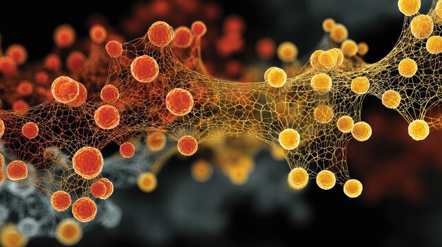 Abstract molecular network visualization featuring glowing spherical cells connected by intricate filaments in a dark scientific environment for medical research