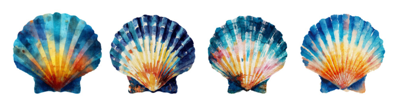 Watercolor scallop shells row featuring varying vibrant blue, yellow, and orange hues, illustrating marine life, ocean art, and decorative sea elements