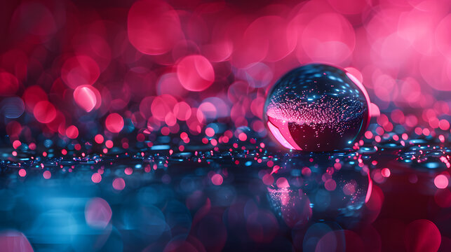 Extreme macro of viscous glossy liquid drop on frosted glass with neon duotone lighting for cosmetics background
