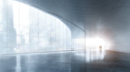 Fototapeta premium Minimalist modern building interior with people moving towards a bright futuristic end, embodying progress, innovation, and journey within a clean, abstract space