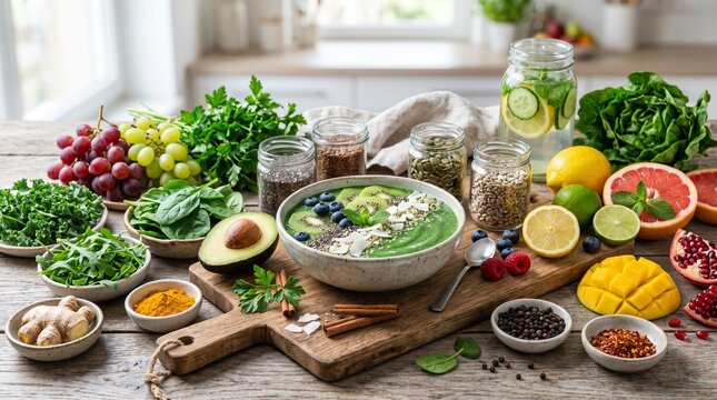 Vibrant Healthy Food Spread: Green Smoothie Bowl, Fruits, Vegetables, Seeds & Spices