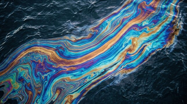 An oil slick spreads across the ocean surface, showcasing a mix of bright colors and patterns under the sunlight creating a rainbow effect.
