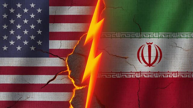 US and Iran national flags side by side, jagged lightning bolt crack between them, symbolizing political conflict and tension.