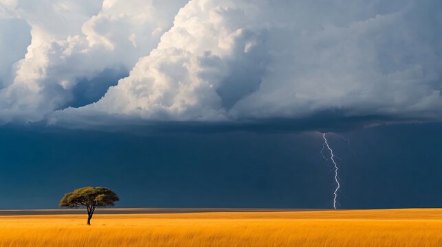Dramatic lightning strikes over vast savanna plain nature landscape photography dark stormy sky view