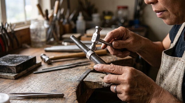 Artisan hands hammering a silver ring on a mandrel in a jewelry workshop.