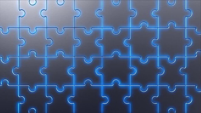 ビジネスソリューションを象徴するパズルの嵌合と青く発光する精密背景