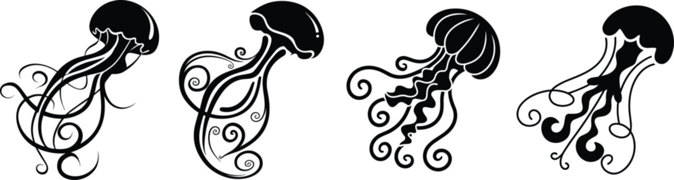 Decorative jellyfish silhouette collection with elegant swirling tentacles and marine life tattoo style designs &ndash; vector illustration