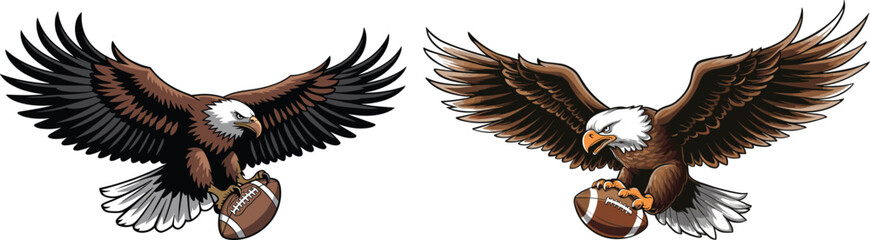 Fototapeta premium Eagle mascot holding football, American football team logo, fierce bald eagle illustration, sports emblem vector design set