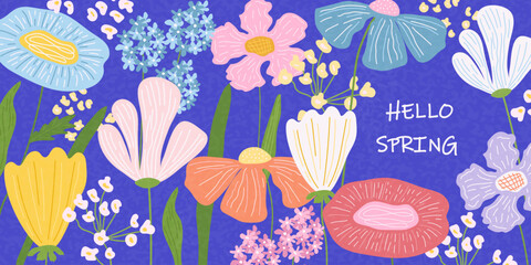 Multicolored flowers on a blue background, a spring or summer banner. Illustration with a floral pattern for decorating a seasonal greeting card, advertising, or discount promotion. © Katerina