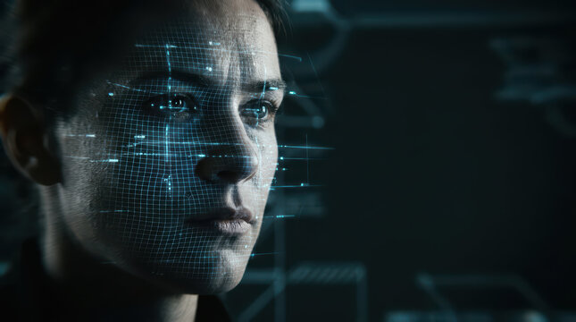 Facial recognition technology scanning face with digital grid overlay, futuristic biometric identification, focused expression, dark background, advanced security system
