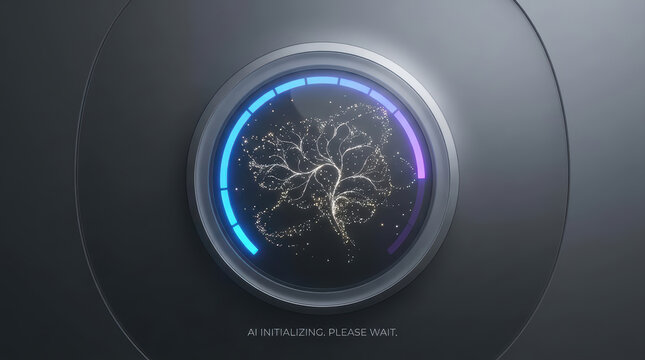 AI initializing interface, digital tree visualization with glowing particles and circular progress bar, futuristic technology concept with dark background and blue purple gradient