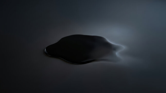 Black liquid disappearing oil drop on smooth surface with dark background, abstract minimalistic concept with glossy texture and soft lighting effect