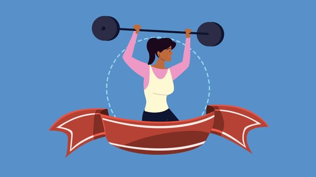 Strong athletic woman lifting heavy barbell weight for bodybuilding animation in flat vector style.