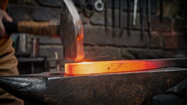 Blacksmith forging glowing molten metal with hammer sparks in traditional metalworking craft