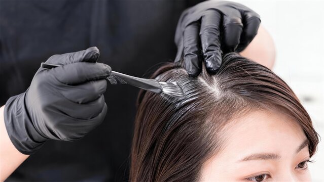 美容室で女性客の髪の根元にカラー剤を塗布する美容師の手元