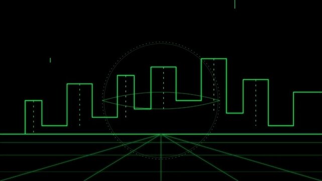 Abstract digital city skyline with glowing green neon lines and a retro wireframe grid perfect for technology gaming or data visualization concepts