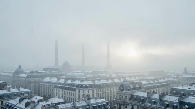 Misty Cityscape Panorama of Historic Buildings under a Foggy Winter Sky for Dramatic Backdrop