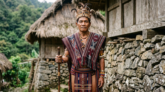 Elder man in traditional woven clothing standing in a mountain village.