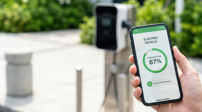 Electric vehicle charging status displayed on smartphone showing renewable energy mix at 87 percent with solar and wind power, held near outdoor charging station