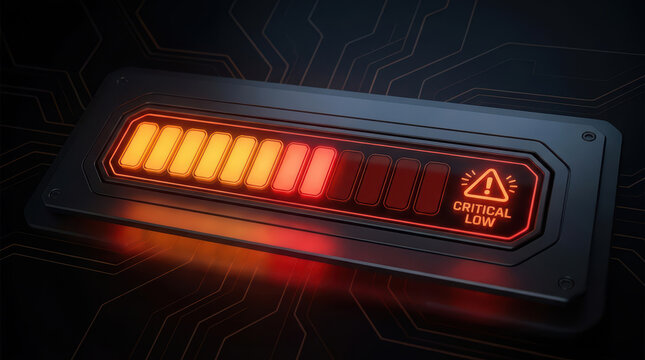 Energy bar depleting with signals showing critical low warning on dark circuit background, glowing red and orange light indicating urgent status alert