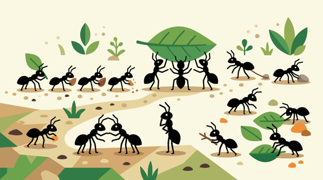Ants working together to carry leaves.