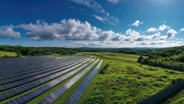 Expansive solar farm sprawls across green hills under a vast blue sky