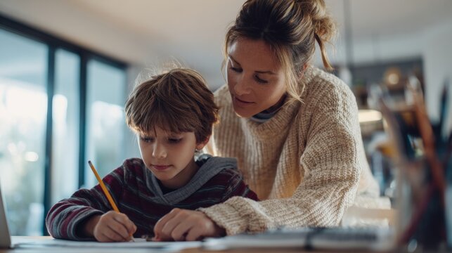 A mother guides her child in creative learning through drawing at home showcasing a nurturing educational environment. Generative AI