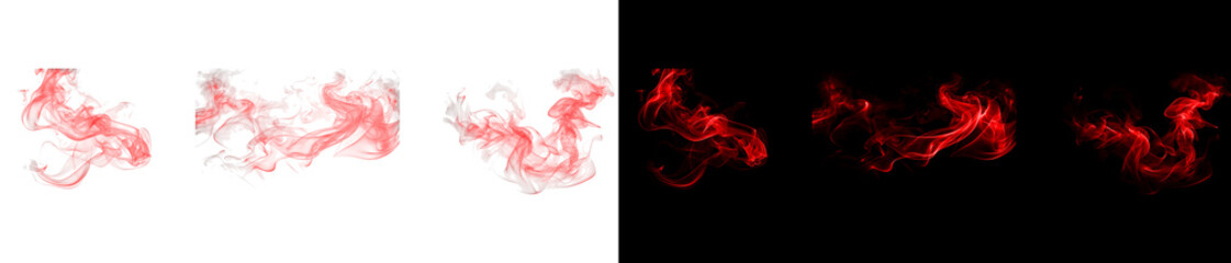 Abstract red smoke trails isolated on black and transparent backgrounds. © Ontime Rahela