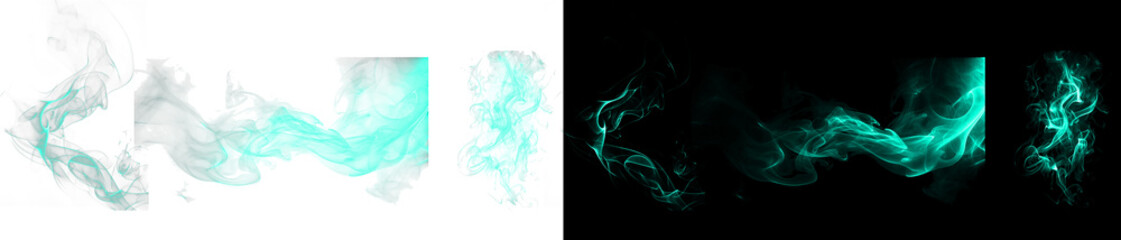 Ethereal teal smoke vapor trails isolated on black and grid backdrop. © Ontime Rahela