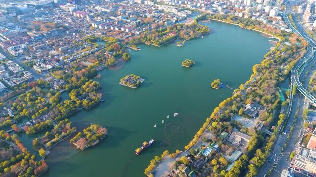 Aerial View of Xuanwu Lake and Cityscape in Nanjing China