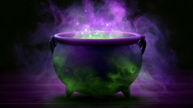 Purple and green cauldron with smoke and glowing liquid on a halloween fantasy backdrop