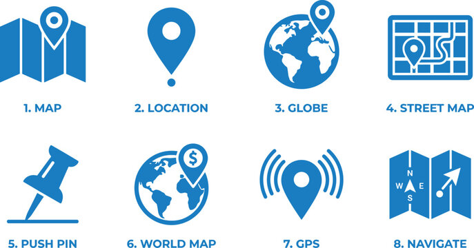Set of blue location icons representing navigation map pointers and travel elements for digital interface design.