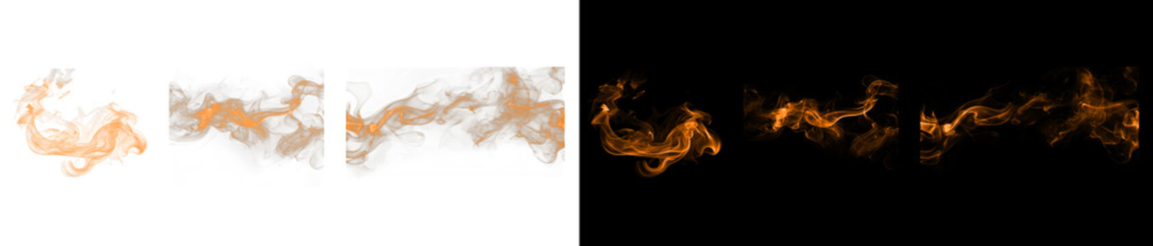 Set of abstract orange smoke waves isolated on white and black background.