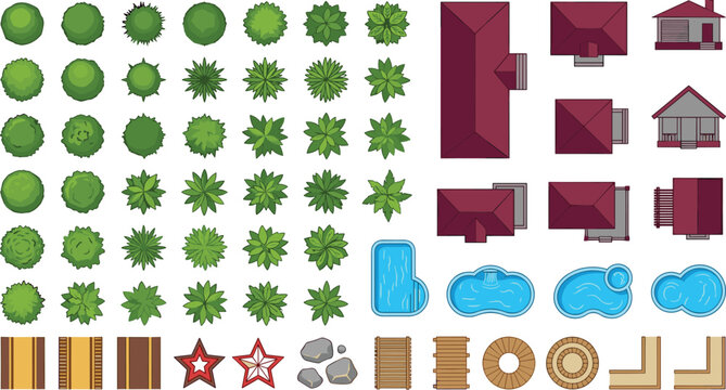 Kawaii Landscape and Building Set Featuring Cute Trees, Houses, Pools, Pathways, and Decorations for Kids, Nursery, and Game Design Illustrations