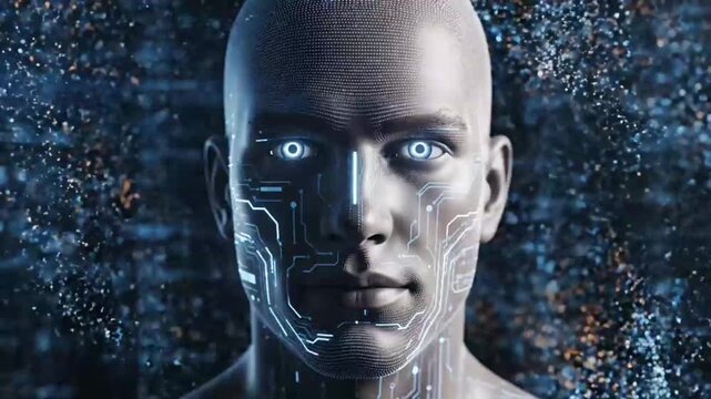 Close-up portrait of a futuristic humanoid robot with blue eyes and circuit-like lines on its face against a dark background with digital particles.