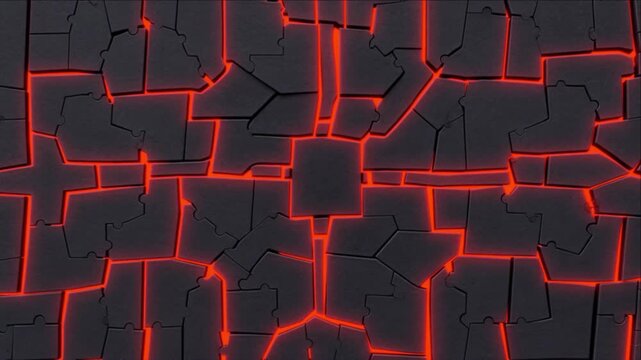 黒い玄武岩のパズルが嵌合し赤いラインが発光する精密な工業背景