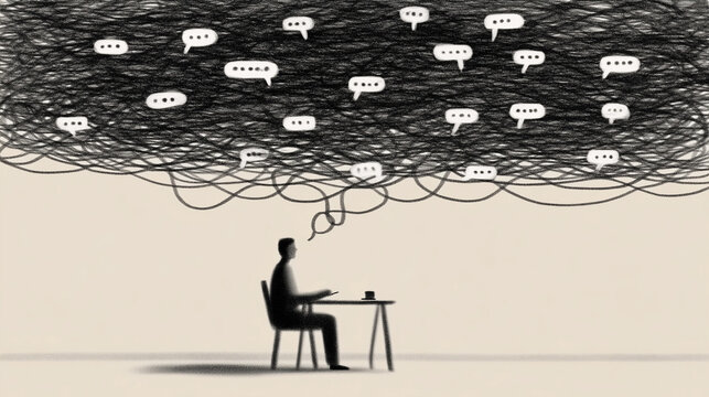 Person Seated at Table Surrounded by Newspapers, Phones, and Floating Speech Bubbles Tangled into Knots - Digital Misinformation and Truth Fatigue, Black and White Ink Illustration

