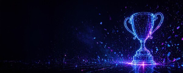 Futuristic glowing trophy cup with neon particles and large copy space, digital sports website banner wide format, championship success concept.