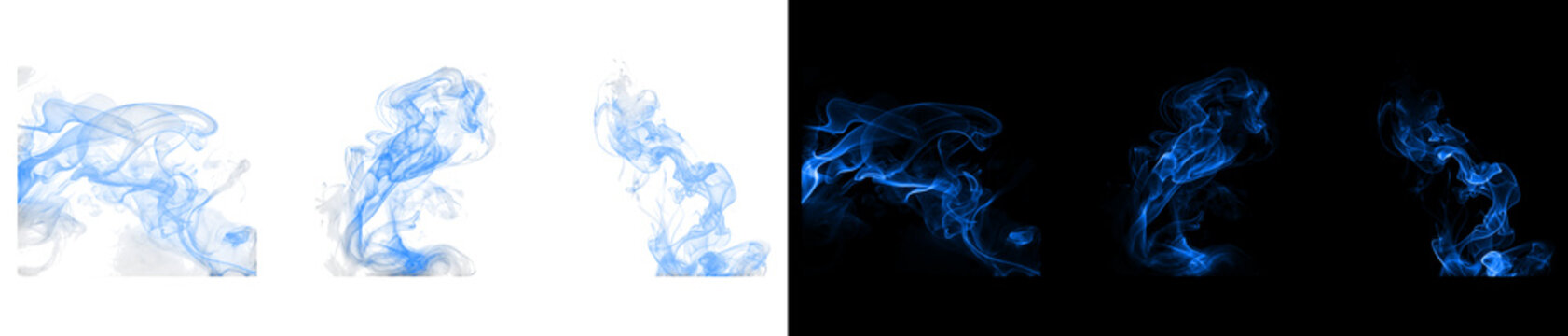 Blue smoke plumes motion set collection isolated transparent design.