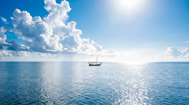 Traditional wooden dhow boat sailing on calm blue ocean under bright sunny sky with white clouds