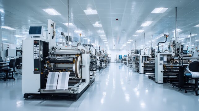 Advanced industrial equipment creating electronic components in a sterile, modern factory, symbolizing innovation, technology, and sophisticated production processes