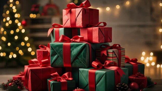 Cozy holiday video with beautifully wrapped gifts stacked for festive celebration and seasonal joy