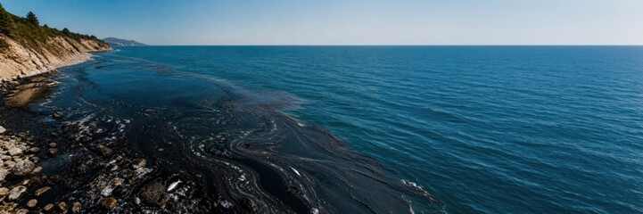 Fototapeta premium Dark oil pollution spreading across blue ocean coastline, environmental disaster website banner wide format, marine contamination, ecology crisis concept.