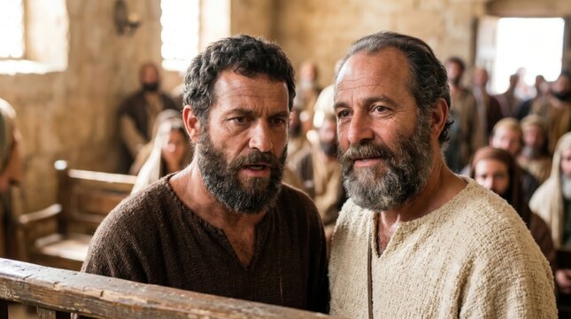 Apostle Paul and Barnabas preaching in the synagogue to a crowd of people. Biblical scene of two men speaking about faith in Iconium. Historical religious reenactment for believers.