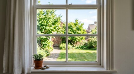 Fototapeta premium A white window with a view of a garden and a house, featuring a white curtain and a potted plant on the windowsill.