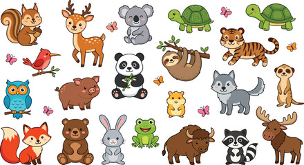 Fototapeta premium Kawaii Woodland and Wild Animal Character Set Featuring Cute Animals Like Squirrel, Fox, Panda, Tiger, Koala, Rabbit, and More for Kids and Nursery Illustrations